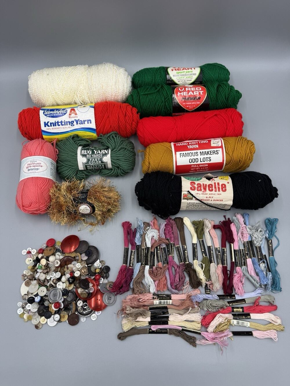 Large Crafters Lot Includes Skeins, Yarn, Buttons Assorted Sizes Colors Sizes